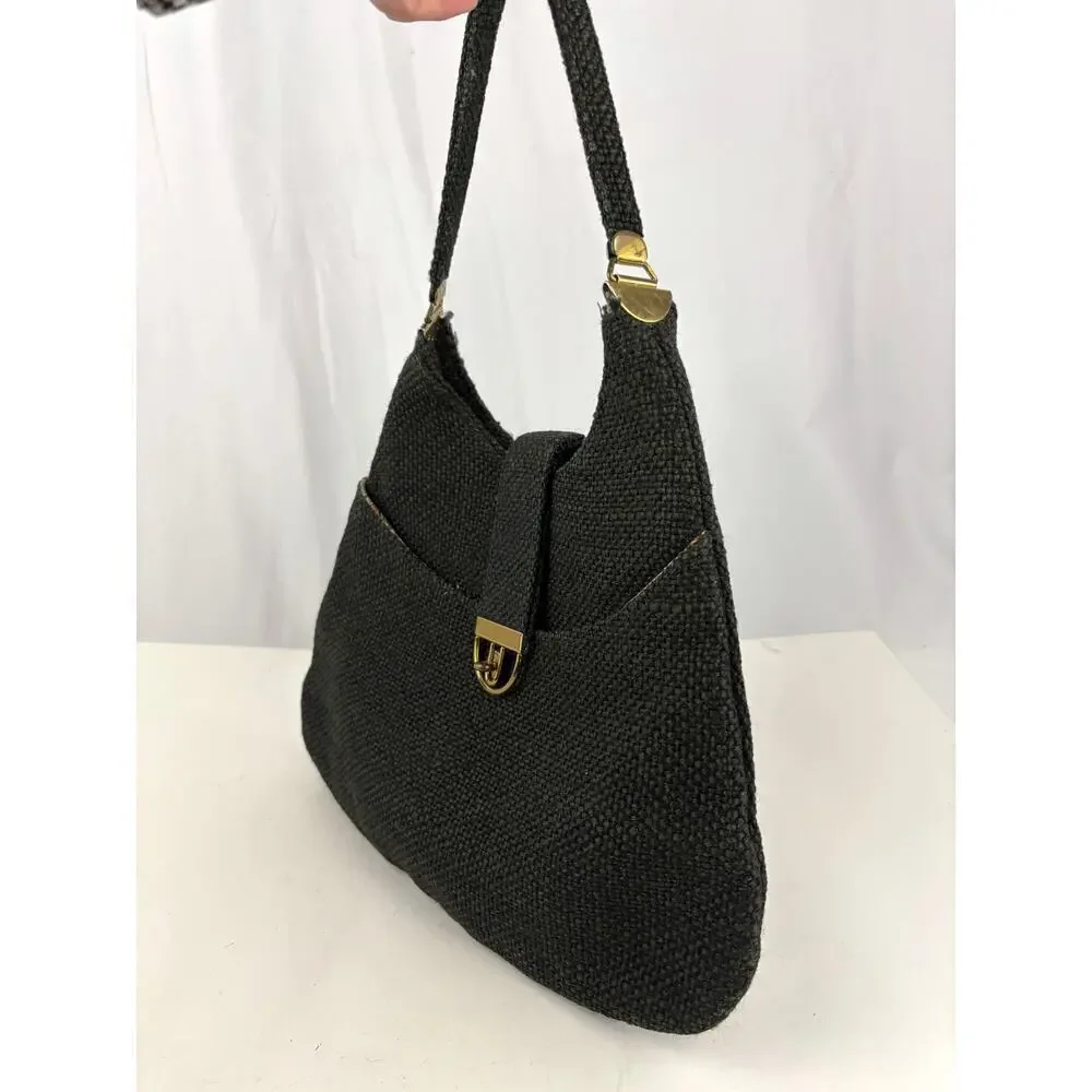 VTG 1970s Charcoal Black Tweed‎ Hobo Bag Gold Hardware Unique